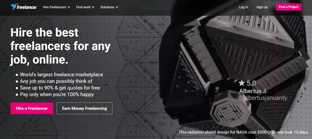 Freelancer.com homepage showcasing opportunities for students to earn money online through freelance work