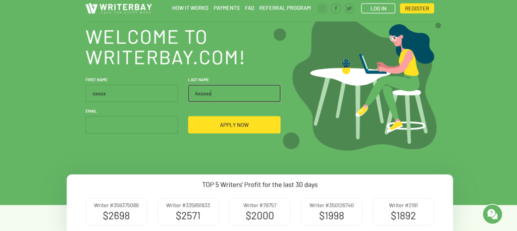 WriterBay.com homepage offering online writing jobs for students to earn cash for every word