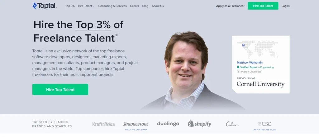 Toptal homepage showing opportunities for top freelance talent with a smiling professional.