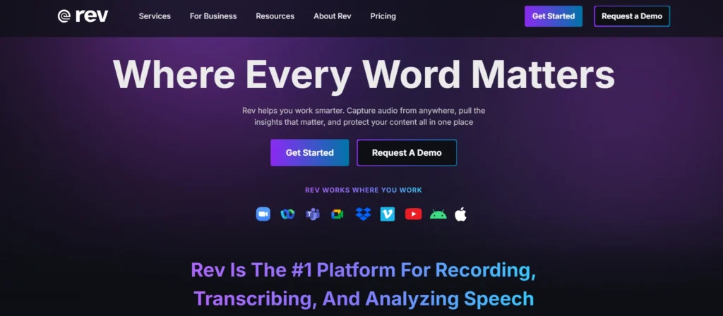 Rev homepage highlighting transcription and recording services for remote work opportunities.