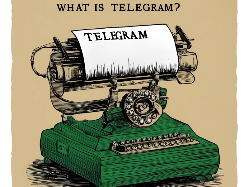 Vintage style illustration of a typewriter printing the word Telegram