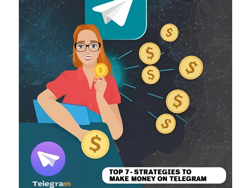 Illustration of a woman with dollar coins and Telegram logo representing ways to make money on Telegram