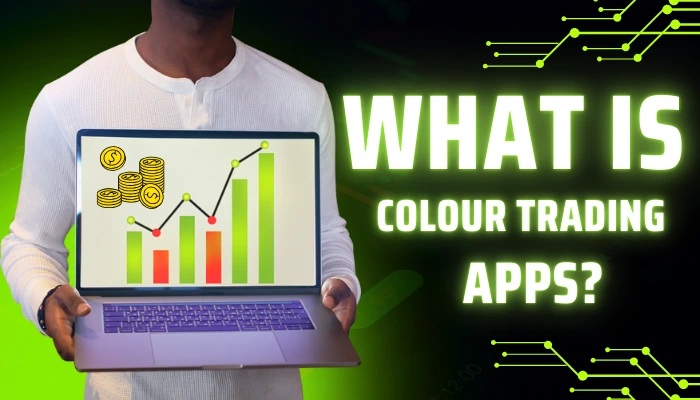 A man holding a laptop displaying a colorful bar chart with rising and falling trends and coin icons, next to the bold text: "What is Colour Trading Apps?