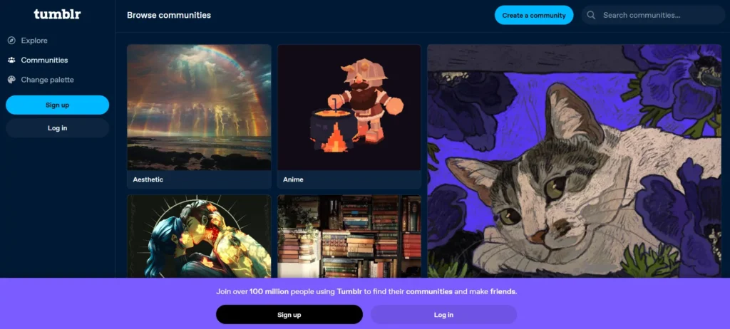 Tumblr homepage showing top communities like aesthetic, anime, and books – a trending social media earning app in 2025.