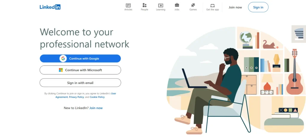 LinkedIn homepage screenshot showing sign-in options – a top professional social media earning app in 2025.