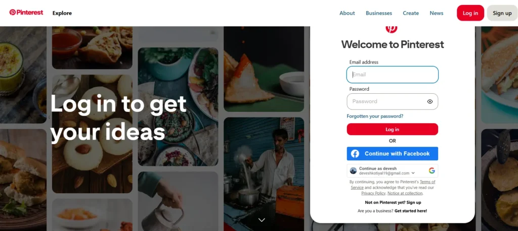 Pinterest login screen showcasing the interface of a visual discovery platform – one of the creative social media earning apps in 2025.