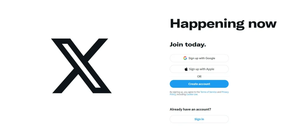 Twitter (X) login screen showing sign-up options – a top real-time social media earning app for content creators and influencers in 2025.