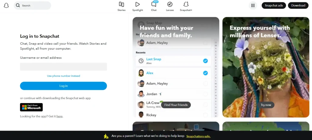 Snapchat login screen showing chat, snap, and video call features – one of the most engaging social media earning apps for youth and creators in 2025.