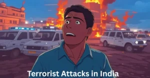 Illustration representing terrorist attacks in India, showing a shocked man in front of burning buildings and police vehicles.