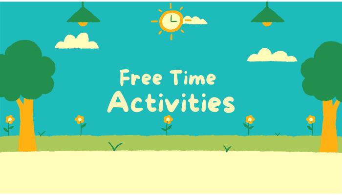 Cartoon background with trees, clock, and flowers showing free time