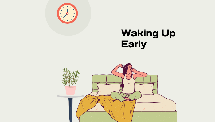 Student waking up early and stretching on bed with a clock in the background