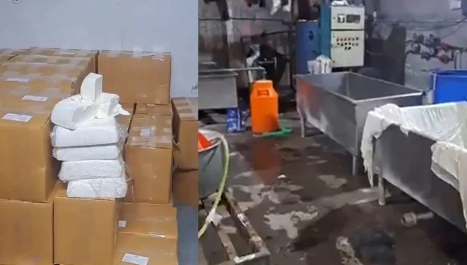 Seized fake paneer blocks and unhygienic factory setup during Gujarat raid in January 2025
