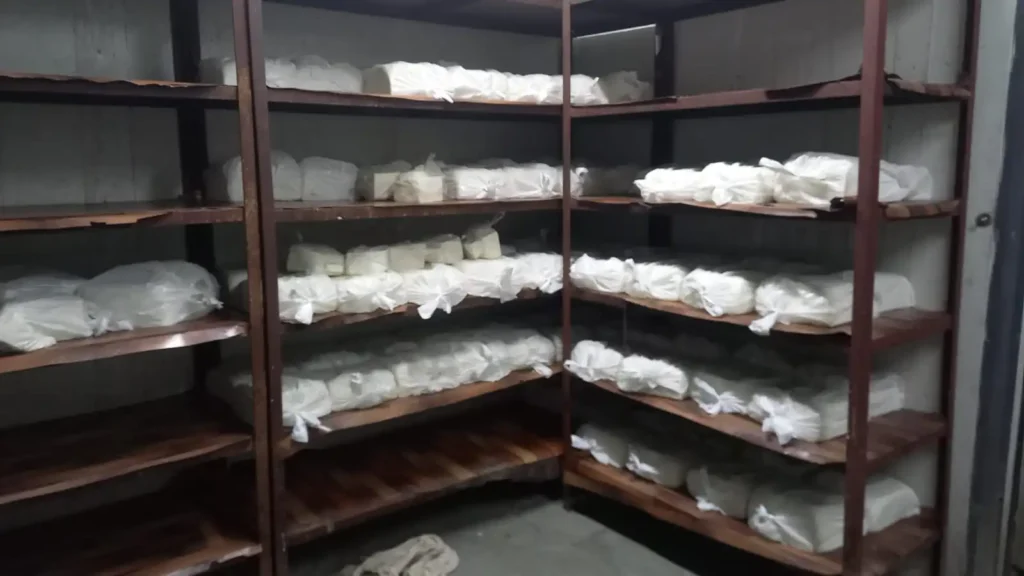 Plastic-wrapped fake paneer packets stored on wooden shelves in a suspected factory in Gujarat, February 2025