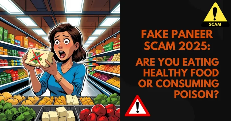 A shocked woman holding fake paneer in a grocery store with warning signs – highlighting the 2025 fake paneer scam