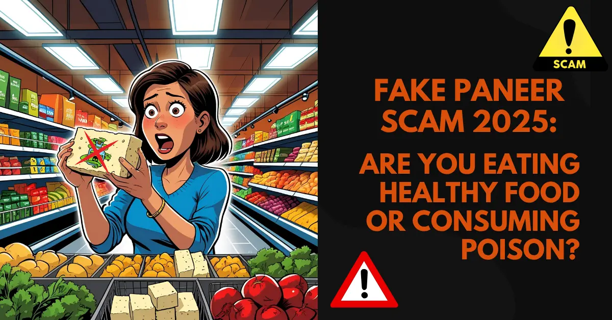 A shocked woman holding fake paneer in a grocery store with warning signs – highlighting the 2025 fake paneer scam