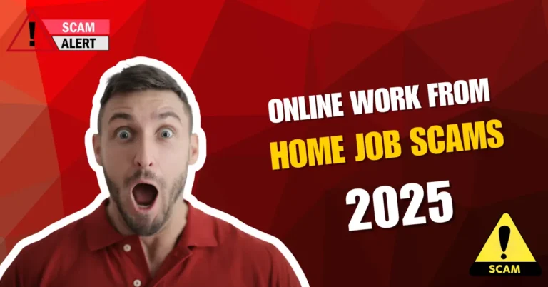 Man shocked by online job scam warning — Online Work From Home Job Scams 2025 alert banner