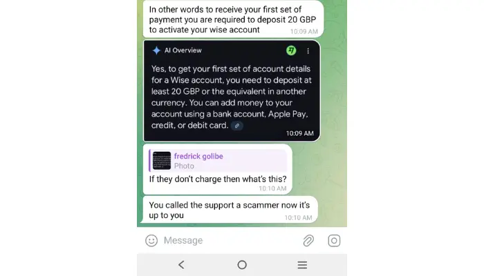 Scammer on Telegram asking for a Wise deposit and showing AI-generated fake search answer as proof for online job scam