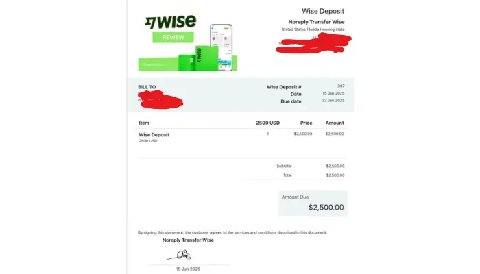 Fake Wise payment invoice used by online job scammers to trick victims with false payout claims