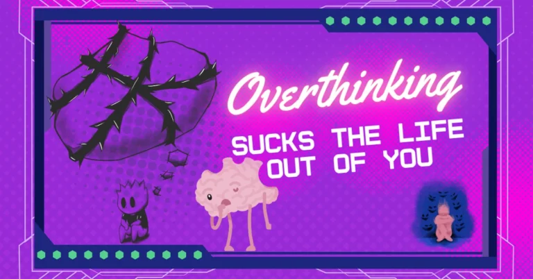 Dark emotional art showing the chaos of overthinking – a brain, shadows, and a lost figure.
