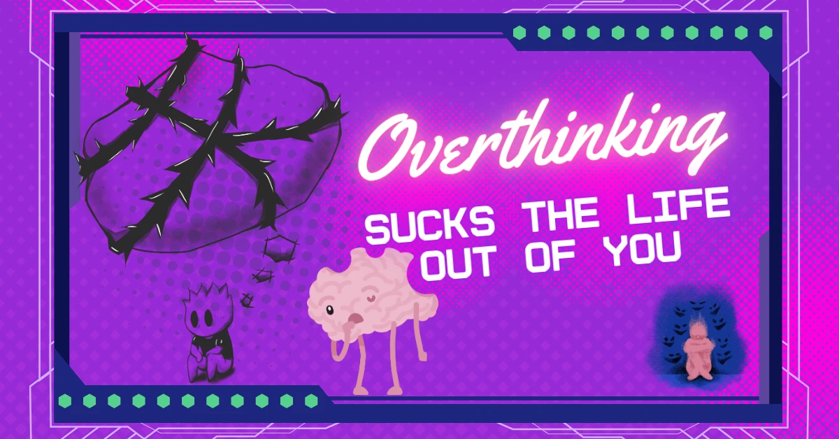 Dark emotional art showing the chaos of overthinking – a brain, shadows, and a lost figure.