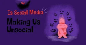 Illustration of a lonely person surrounded by smiling social media icons, representing the negative effects of social media on real-life connections.