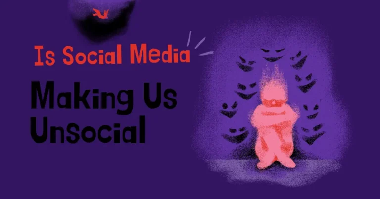 Illustration of a lonely person surrounded by smiling social media icons, representing the negative effects of social media on real-life connections.
