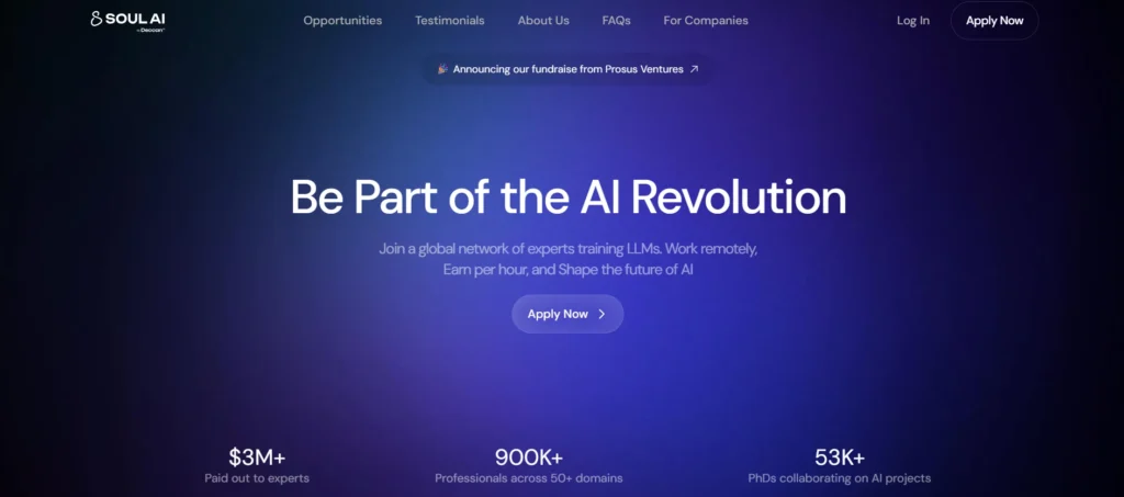 Soul AI platform homepage showing $3M+ paid to experts, 900K+ professionals across 50+ domains, and 53K+ PhDs collaborating on AI projects, offering remote online earning opportunities.