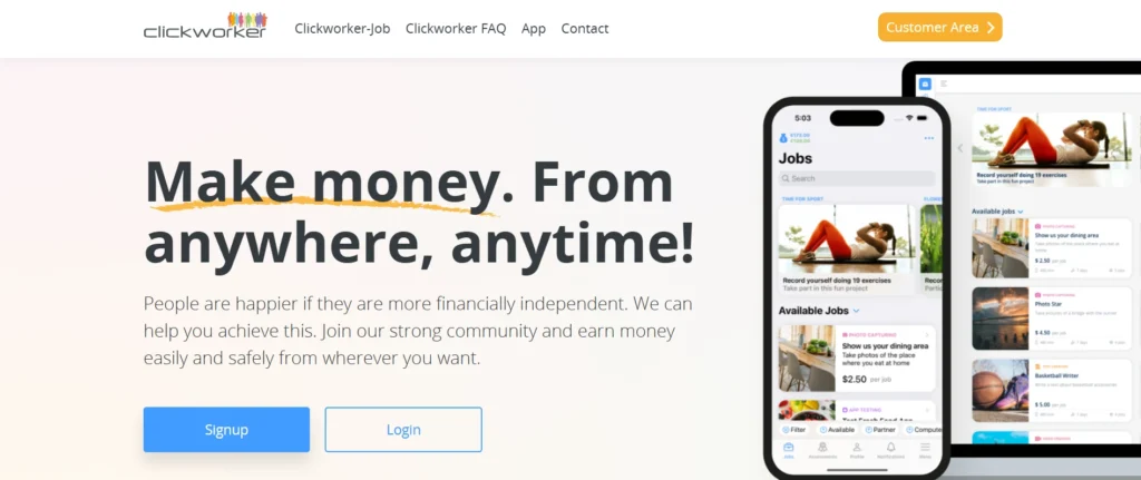 Clickworker homepage showing online earning tasks and remote job opportunities with payouts for 2025
