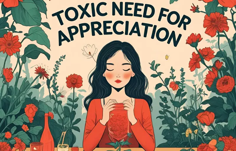 Woman surrounded by red flowers holding a glowing jar, symbolizing the toxic need for appreciation on social media.