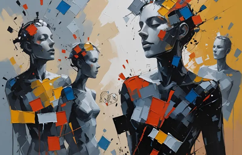 Abstract digital artwork of people with fragmented faces, symbolizing how social media affects human emotions and happiness.