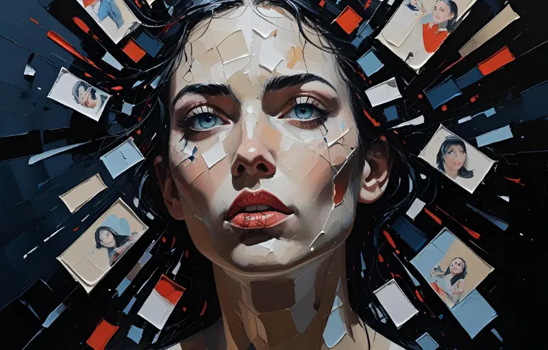 Abstract digital painting of a woman surrounded by images and faces, symbolizing the anxiety and fear of missing out caused by social media.