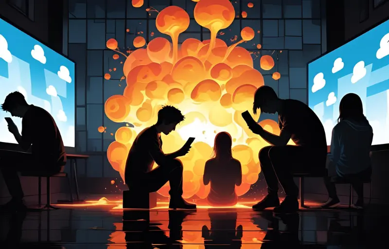 People addicted to social media depicted as silhouettes glued to their phones while a fiery explosion symbolizes the destructive impact.
