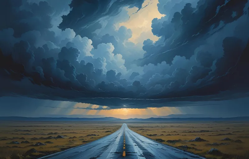 Dramatic storm clouds over an endless road leading into the horizon, symbolizing closure and new beginnings.